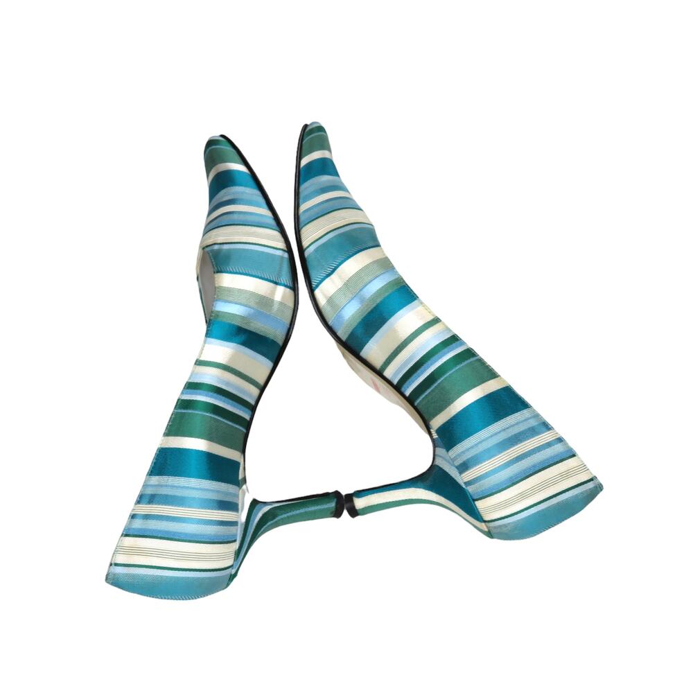 J. Renee 1980s Vintage Heels Satin Blue Striped Vintage Pumps Size 9 Retro - Picture 3 of 6